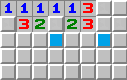 The NF technique 'sees' the two mines touching the left 3 and uses 1-1-X twice to open the blue squares. The NF technique 'sees' the two mines touching the left 3 and uses 1-1-X twice to open the blue squares.