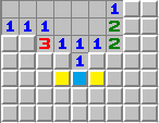 The NF technique 'sees' the two mines touching the 3 and uses 1-1-X to open the 1. The yellow squares will be numbers but the blue square could be an opening. The NF technique 'sees' the two mines touching the 3 and uses 1-1-X to open the 1. The yellow squares will be numbers but the blue square could be an opening.