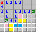 Pink squares are mines and yellow squares will be numbers. The blue squares might be openings. Pink squares are mines and yellow squares will be numbers. The blue squares might be openings.