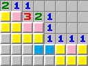 Pink squares are mines and yellow squares will be numbers. The blue squares might be openings. Pink squares are mines and yellow squares will be numbers. The blue squares might be openings.