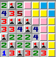 The pink squares are 50:50 guesses so the yellow squares will contain numbers. A NF player should guess a blue square. The pink squares are 50:50 guesses so the yellow squares will contain numbers. A NF player should guess a blue square.