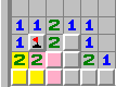 The pink 2 touches four squares and the yellow 2 touches a subset of two squares. The mines must be in the yellow squares so the pink squares are safe.