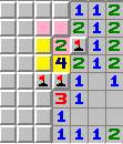 The pink 2 touches four squares and the yellow 4 (effectively a 1) touches a subset of two squares. The mine must be in the yellow squares so the pink squares are safe.