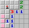 Find the mine and use 1-1-X to open the third square then open the pink squares.