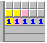 The pink 1 means there is one mine in the three squares it touches. The yellow 1 means the mine is in the subset of two yellow squares. The third square from the border must be empty.